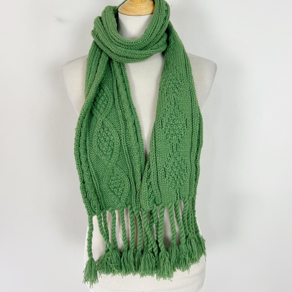 Y2K Mossimo Scarf Green Cable Knit Tassel Fringe Women's